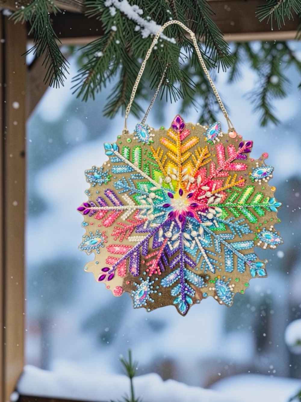 Snowflake Hanging Sign Wall Decor Hand Crafted Sealed Diamond Art 7”